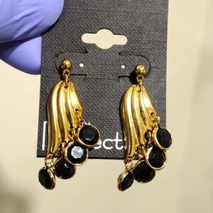 Women's Stylish Embossed Polished Gold tone & Black Drop Dangle Earrings 1.5-in
